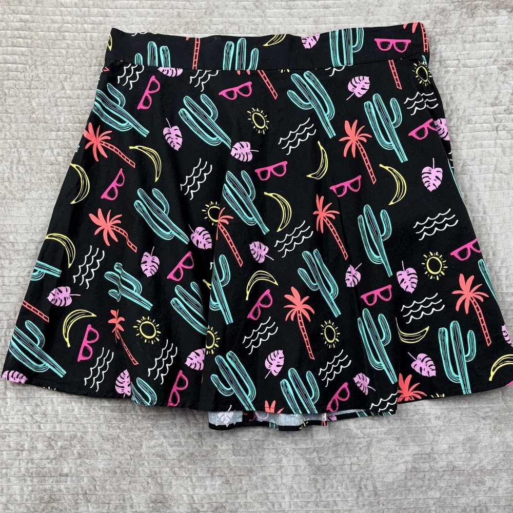 Retrolicious Skirt 1X Black Neon Cactus Palm Tree Novelty Print Skater Mini‎ USA